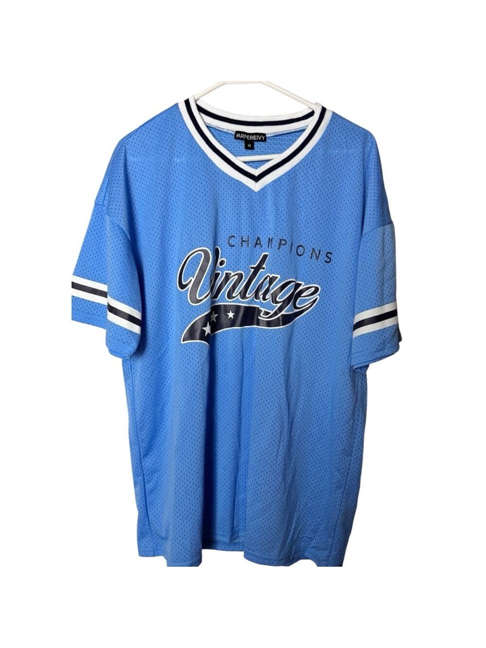 Harper And Ivy Sporty Vintage Blue Jersey Style Short Sleeve  Shirt Sz M NWT